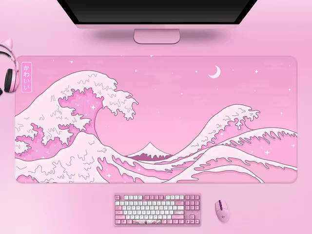 CSMY Kawaii Schreibtischunterlage Pink Wave im Anime Aesthetic Design, XXL Gaming Mousepad mit Mond und Ozean Motiv, B/T: 90 x 40 cm - Bild 1
