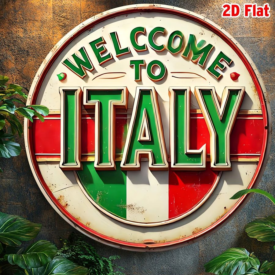 Potdemiel Retro Aluminium Wandschild Welcome to Italy Rund in italienischen Flaggenfarben - Bild 5