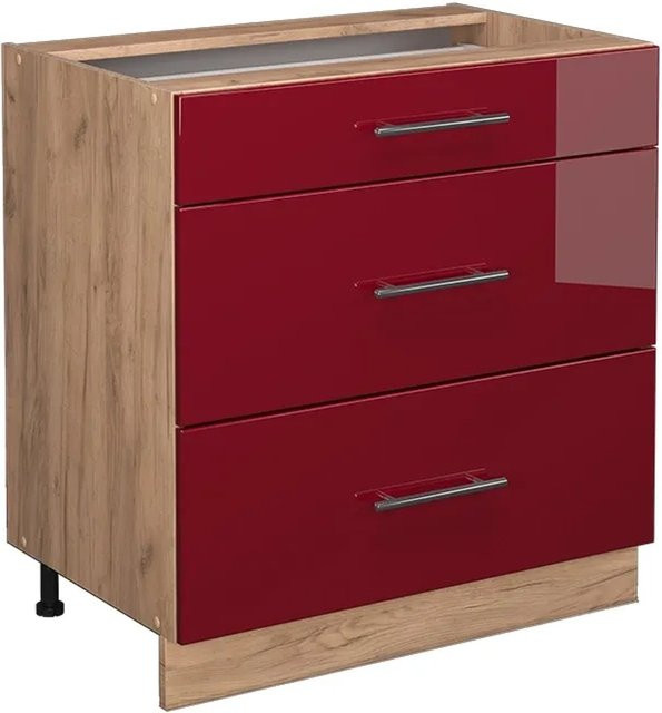 Vicco Küchenunterschrank Fame-Line Bordeaux Hochglanz in Rot und Goldkraft Eiche mit 3 Schubladen, Breite: 80 cm - Bild 1