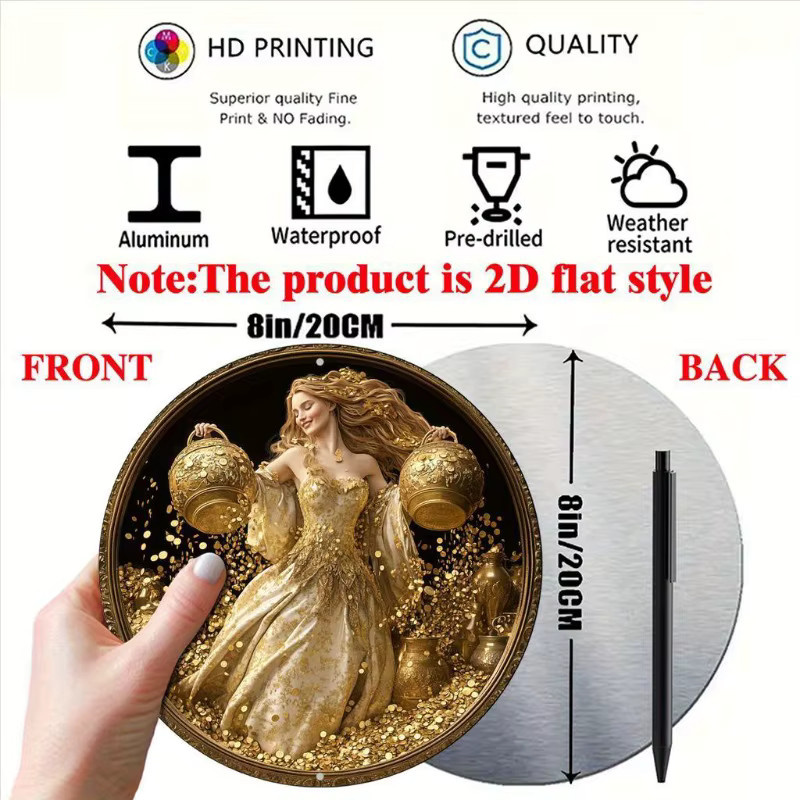 Rundes Aluminiumschild Potdemiel Göttin des Reichtums in Gold als dekorative Kunst für Zuhause und Büro - Bild 3
