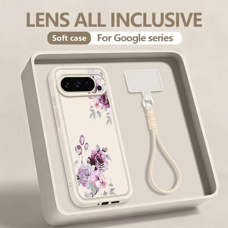 Handyhülle mit Blumenmuster und Schlüsselband für Google Pixel 10 9 8 7 Pro XL 9A 8A 7A aus schwarzem TPU Silikon - Bild 2
