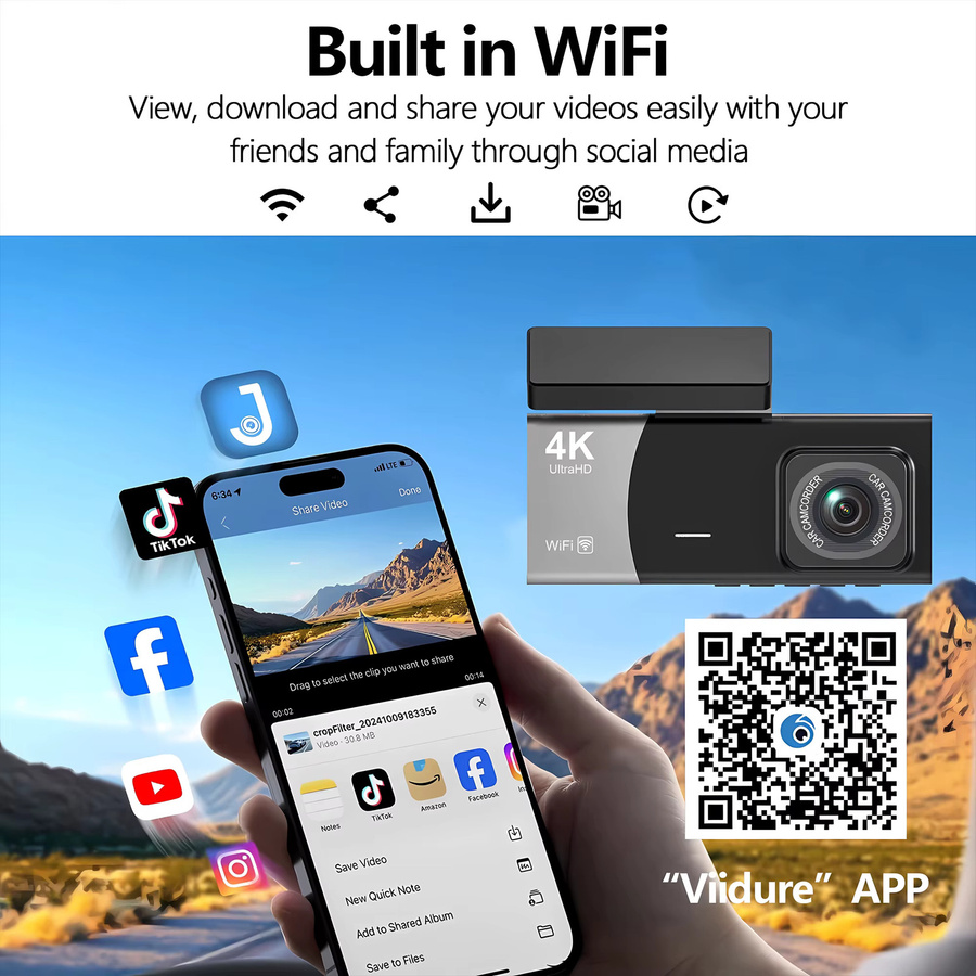 USEEBEE 3-Kanal 4K UHD Dashcam mit WiFi und App-Steuerung, Schwarz, Auto-Kamera für vorne, innen und hinten mit Nachtsicht und 24H Parkmodus - Bild 6