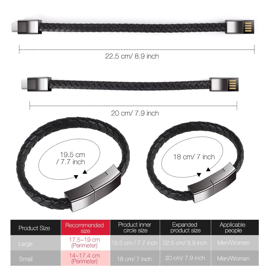 Nephy Tragbares Leder Armband USB Ladekabel für Micro USB und USB-C in Schwarz - Bild 6