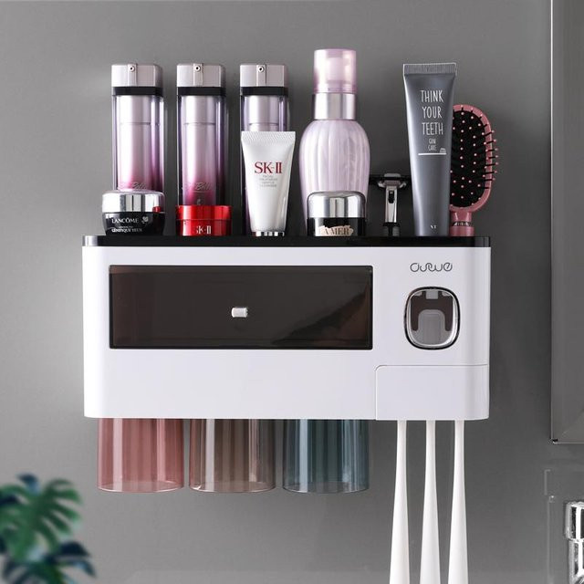 WIKHOSTAR Badezimmer Zubehör Set mit magnetischem Zahnbürstenhalter und automatischem Zahnpasta Spender in Schwarz und Grau - Bild 1