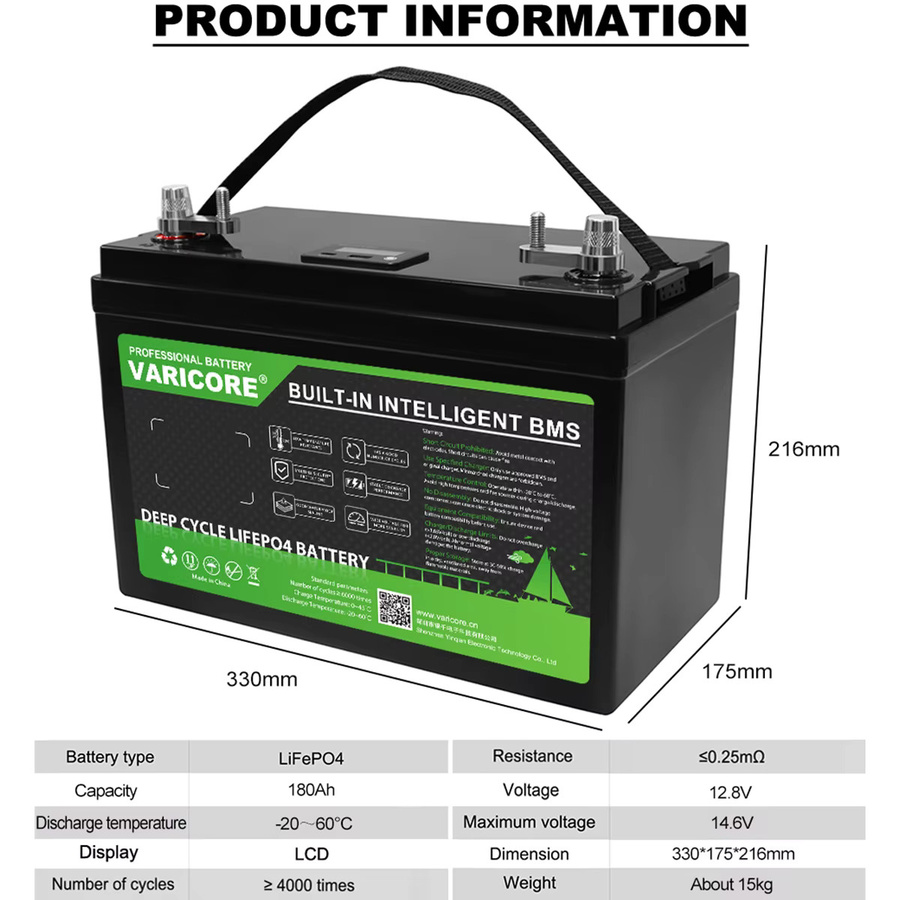 VariCore 12V 180Ah LiFePO4 Lithium-Eisenphosphat-Batterie mit Kupferanschlüssen in Schwarz inklusive Ladegerät und Wechselrichter - Bild 2