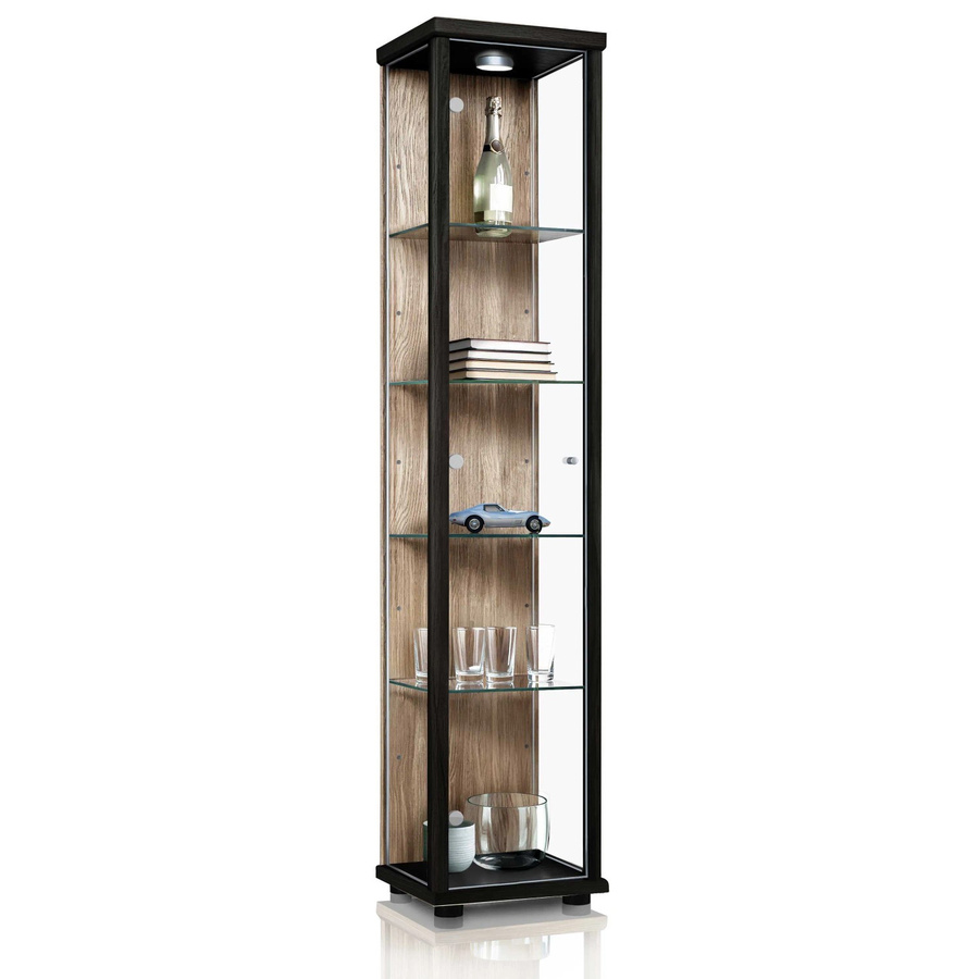 K-Möbel Glasvitrine stehend mit LED-Beleuchtung und 4 höhenverstellbaren Glasböden, Schwarz & Sonoma Eiche, H: 176 cm, B: 37 cm, T: 33 cm - Bild 2