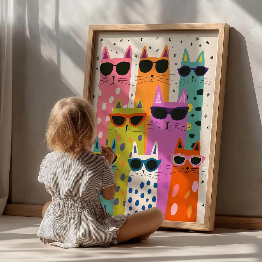 Moderner Paper Poster Wandkunstdruck mit Katzen und Sternen in Mehrfarbig - Bild 2
