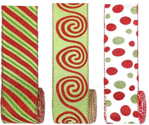 Elyra Weihnachts-Drahtband in Rot und Grün, 5 Yards, Gepunktet Gestreift und Gewirbelt für Weihnachtsbaum, Kranz und DIY Bastelarbeiten - Bild 1