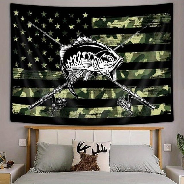VIKAMA Camo Angeln Amerikanische Flagge Wandteppich in Multicolour, B: 150 cm, H: 200 cm - Bild 1