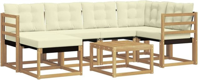vidaXL Outdoor-Sofagarnitur 7-tlg. in L-Form aus Akazienholz mit Kissen und Couchtisch, Weiß und Beige - Bild 1