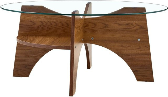 okwish Beistelltisch mit Sicherheitsglas und Fächergestell in Nussbaum, rund, B: 80 cm, T: 80 cm, H: 36 cm - Bild 1
