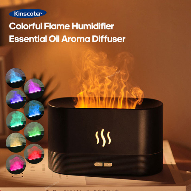 Kinscoter USB-Desktop Flammen-Aroma-Diffusor und Luftbefeuchter in Schwarz mit 7 Farben Simulationslicht und Aromatherapie-Funktion - Bild 1