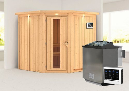 Karibu Sauna Vöru aus Fichtenholz in Beige für 4 Personen inklusive 9 kW Bio-Kombi-Saunaofen mit externer Steuerung, H: 210 cm, B: 210 cm, T: 202 cm - Bild 1