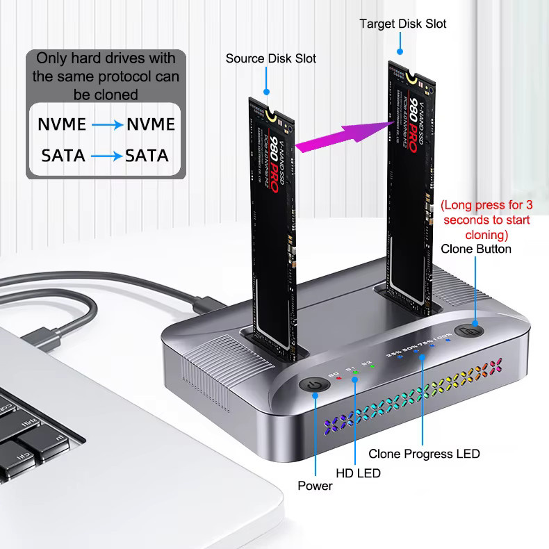 RGeek Dual-Bay M.2 RGB SSD Dockingstation für NVMe und NGFF, USB 3.2 Gen2 Typ C mit 10 Gbit/s Datenübertragung und Offline-Klonfunktion, Schwarz/Multicolor - Bild 4