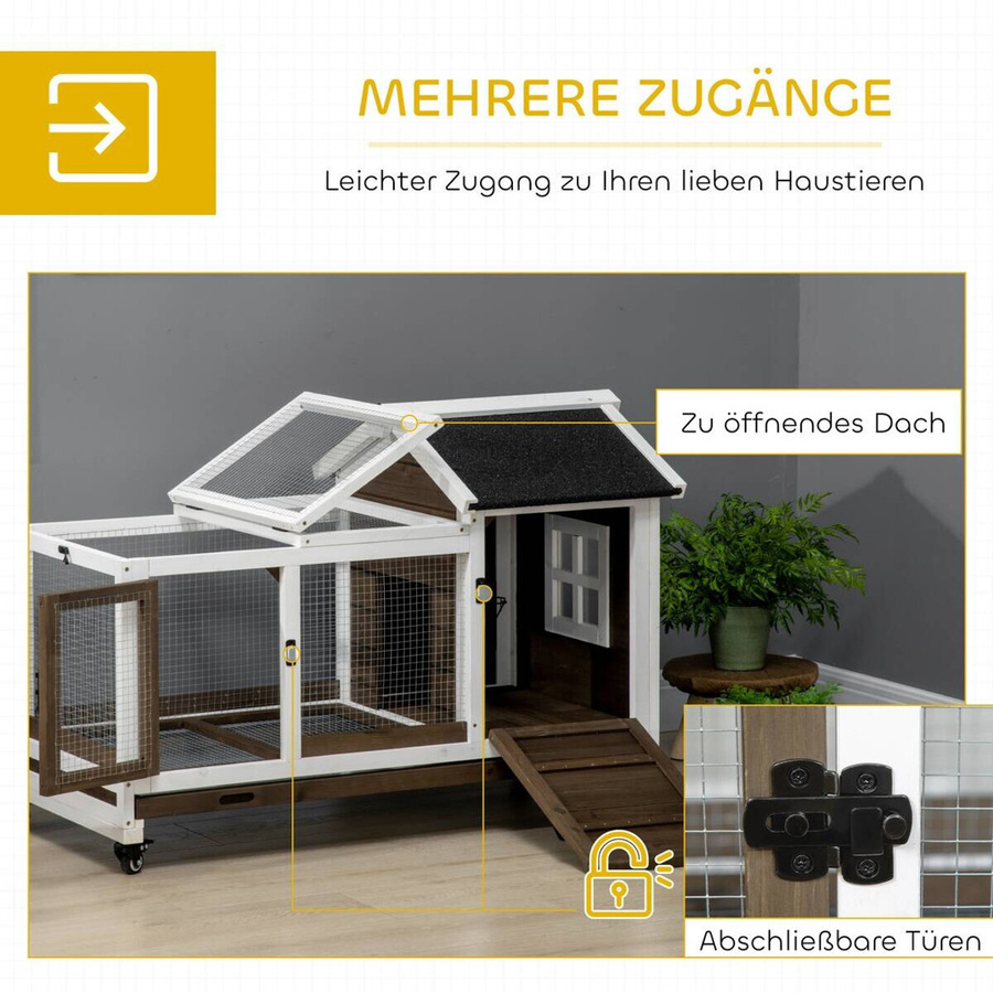PawHut Zwergkaninchenstall aus Holz mit Freilaufgehege und Rädern in Kaffee, B/T/H: 108 x 58 x 73,5 cm - Bild 4