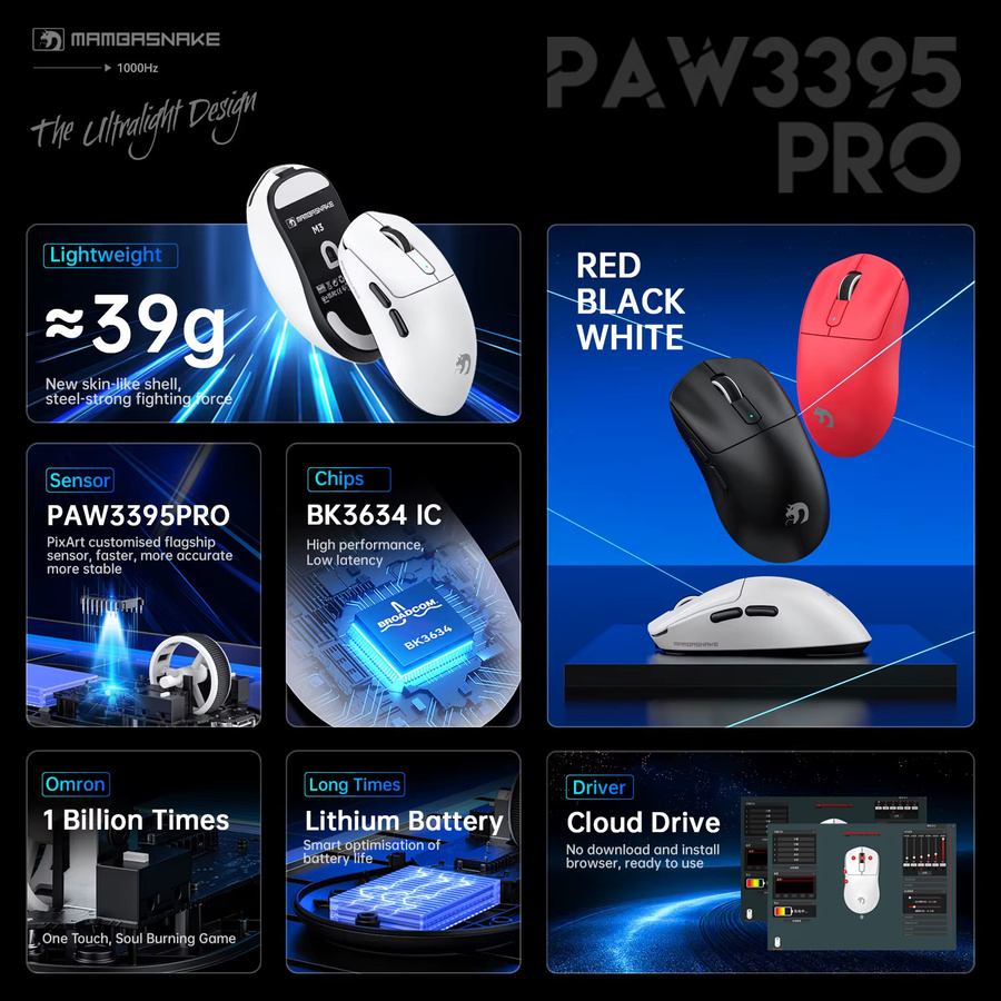 ATTACK SHARK MAMBASNAKE M3 Superlight Gaming-Maus in Schwarz mit PixArt PAW3395PRO Sensor und bis zu 40000 DPI - Bild 3