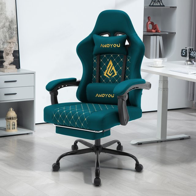ANDYOU Ergonomischer Gaming Chair im Racing-Style aus PU-Leder in Blau mit Kopfstütze und Armlehnen - Bild 1