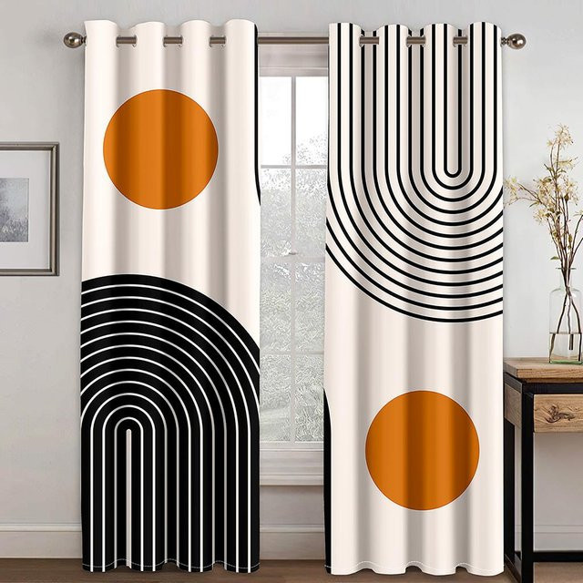 Moderne Vorhänge mit geometrischem Kreis-Design in Schwarz und Weiß, 2 Paneele, halbtransparent, Rod Pocket, Breite: 50 cm, Höhe: 60 cm - Bild 1