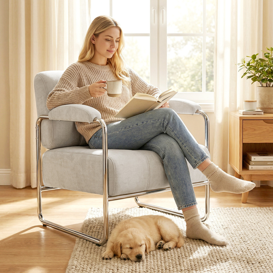 HOMCOM Loungesessel mit Armlehnen in Beige, Polstersessel mit Chenille-Optik und Stahlbeinen für Wohnzimmer und Schlafzimmer - Bild 2