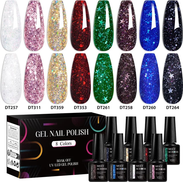 MEET ACROSS Gel Nagellack Set, Schneeflocken Glitter Pailletten, 6/8 Stück - Bild 1