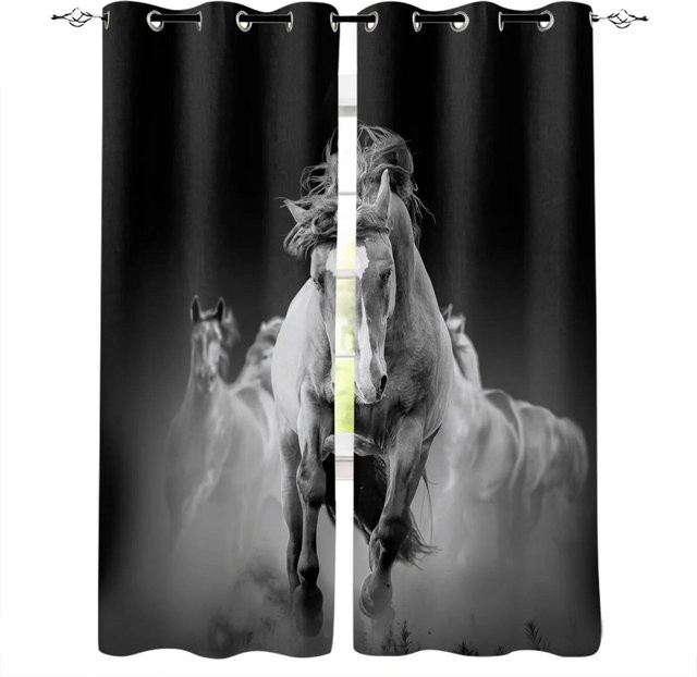 2er-Set Yiran Furniture Fenstervorhänge mit schwarz-weißen Rennpferden, halbtransparent, Polyester, Breite: 60 cm, Höhe: 60 cm - Bild 1