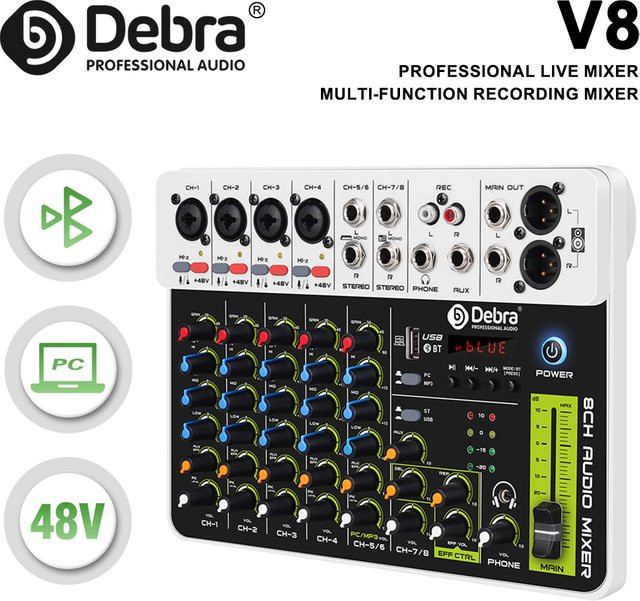 Debra V4/V8 Audio-Interface-Mixer DJ-Controller in Schwarz mit Bluetooth, USB und 48V Phantomspeisung sowie Delay-Replay-Effekt für Computeraufnahmen - Bild 1