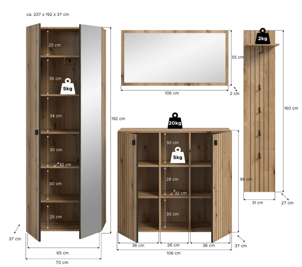 Garderobe Set Loreno 4-tlg. von Inn.Furn in Eiche, modern mit Schuhschrank, Spiegel, Bank und Wandpaneel, Höhe: 192 cm, Breite: 237 cm, Tiefe: 37 cm - Bild 3
