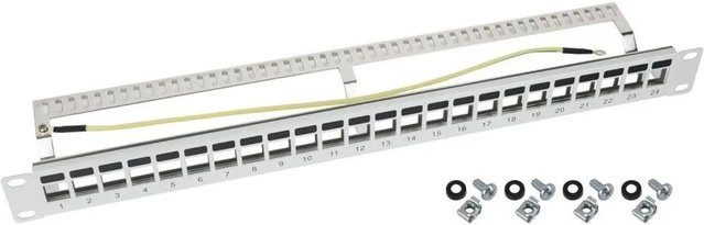 HMF Keystone-Patchpanel STP für 19 Zoll Serverschrank, 24 Ports RJ45 Geschirmt, 1 HE, Lichtgrau - Bild 1