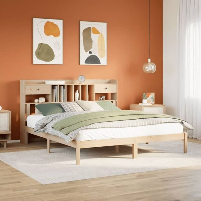 Massivholzbett Vidaxl aus Kiefer mit Regal in Braun und Natur, Landhaus und Skandinavisch Stil, B/T/H: 180 x 200 x 110 cm - Bild 1
