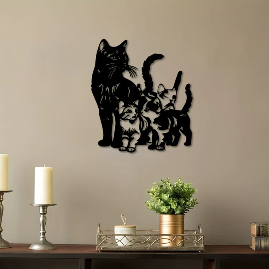 CIFBUY Wandskulptur Katze mit 3 Kätzchen aus schwarzem Eisen als moderne Wanddekoration - Bild 2