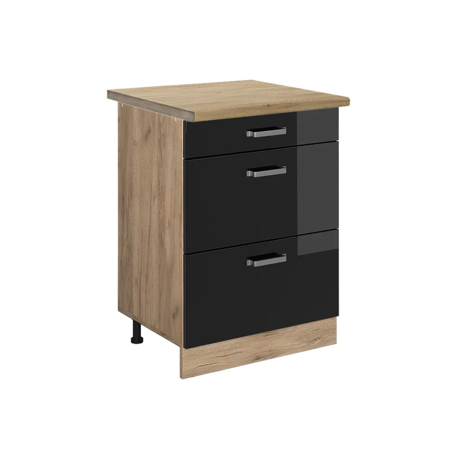 Vicco Küchenunterschrank R-Line in Schwarz Hochglanz und Goldkraft Eiche mit Schubladen, B: 60 cm, H: 81,6 cm, T: 60 cm - Bild 2