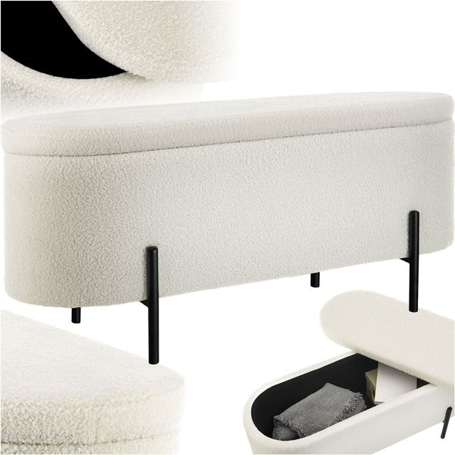 tectake Sitzbank Lanja mit Bouclé-Stoff in Weiß, B/T/H: 96 x 36 x 43 cm - Bild 1
