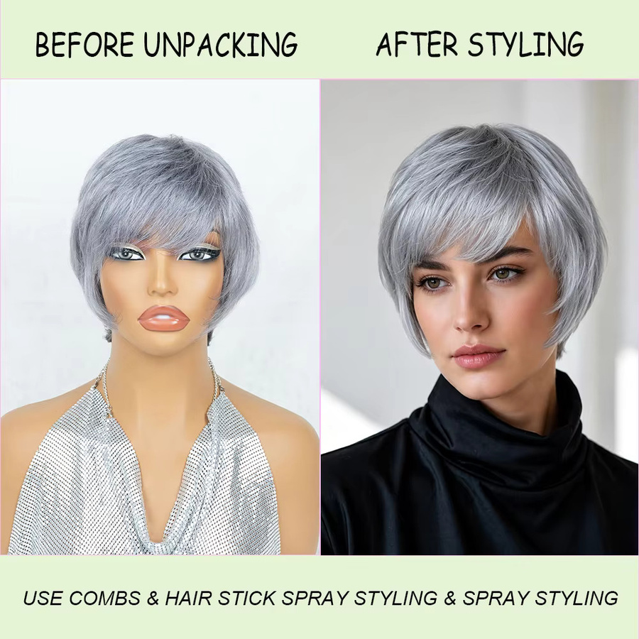 OYM HAIR Pixie-Schnitt-Perücke, kurz, glatt, Echthaar, grau, Damen - Bild 2