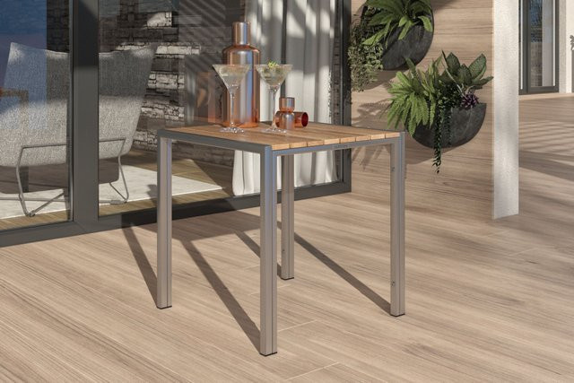OUTFLEXX Beistelltisch aus Teakholz und Edelstahl in Braun, B/T/H: 45 x 45 x 46 cm - Bild 1