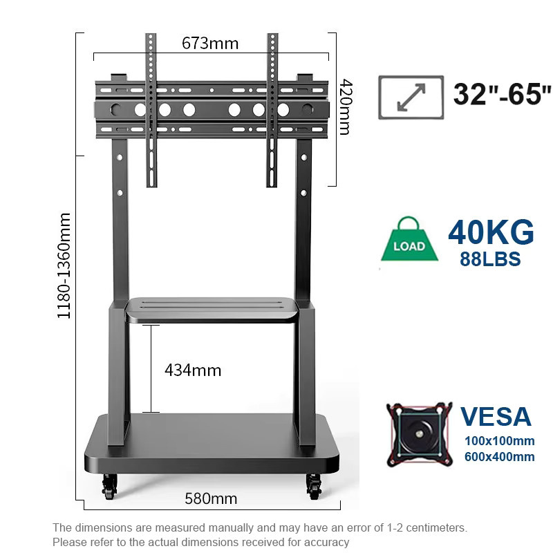 BEISHI Höhenverstellbarer mobiler TV-Ständer in Schwarz, rollender TV-Wagen für 32-65-Zoll-Fernseher mit Stahlablage und Lochplattform - Bild 3