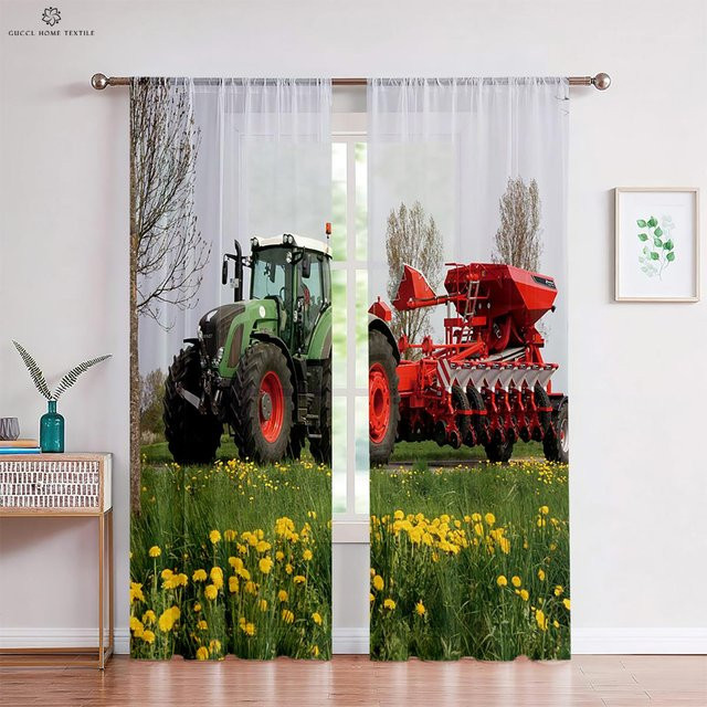 Yiran Furniture 2er-Set Druckfenstervorhänge mit 3D-Traktor-Motiv, halbtransparent, B: 70 cm, H: 100 cm - Bild 1