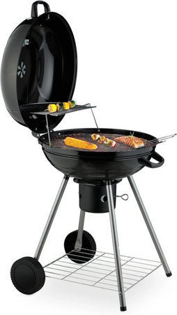 Relaxdays Kugelgrill aus Stahl und Kunststoff in Schwarz mit Deckel, Thermometer, Aschebehälter und Ablage, B/T/H: 87,5 x 57 x 65 cm