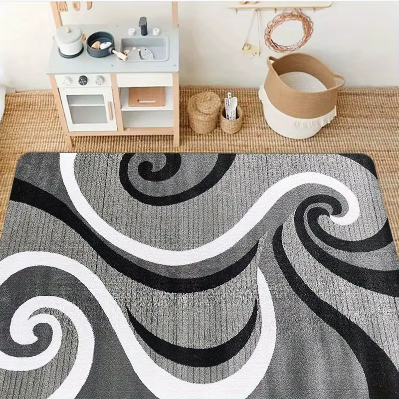 VIKAMA Moderner Geometrischer Teppich mit Wirbelmuster in Grau-Schwarz-Weiß, Abstrakter Druck, Rutschfest und Waschbar - Bild 3