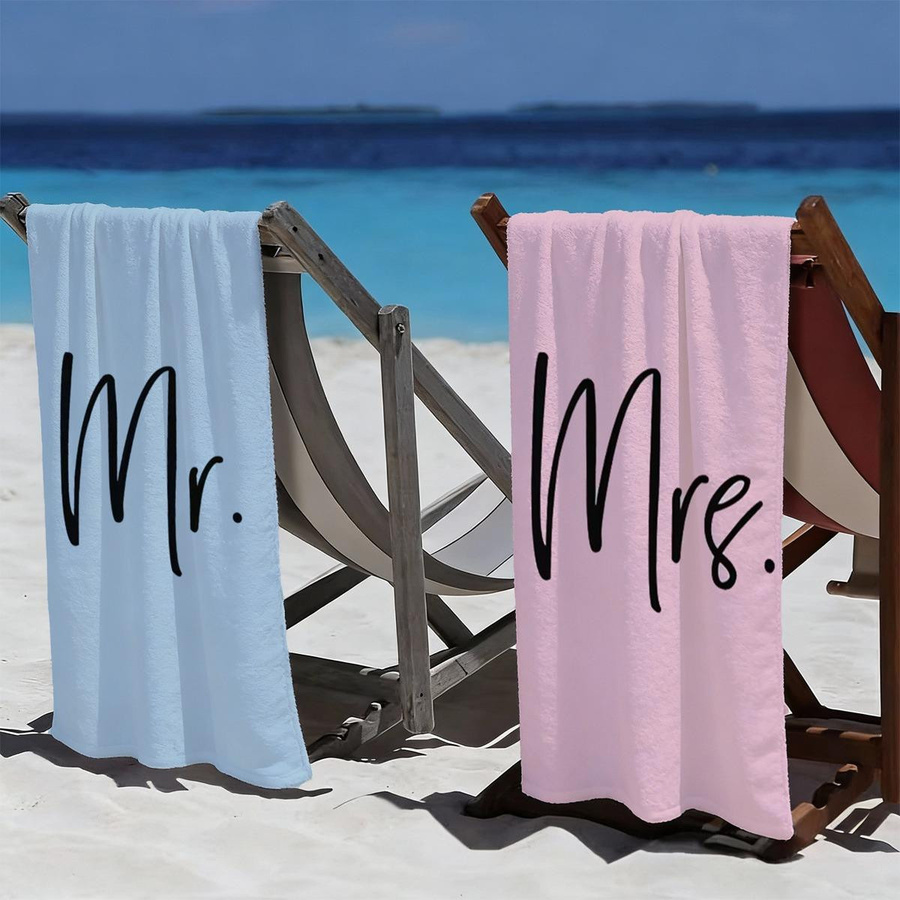 JMG Household Supplies Strandtuch Set Mr & Mrs in Hellblau und Hellrosa, schnelltrocknend und flauschig, B/H: 70 x 150 cm - Bild 2