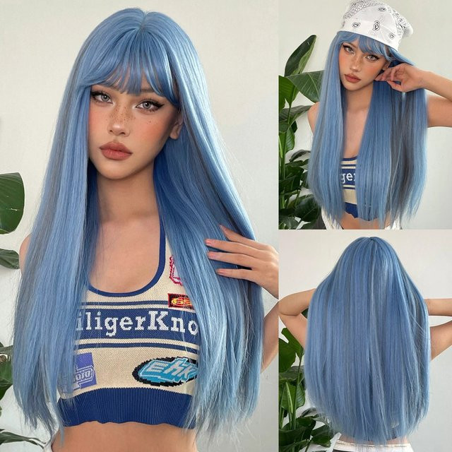 EASIHAIR Perücke, blau mit grauem Highlight, lang gerade, mit Pony, Damen - Bild 1