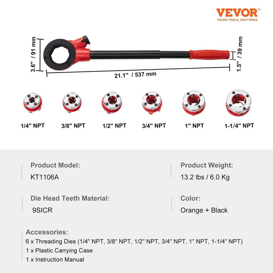 Buying Solutions MB Ratsche Rohrschneider-Set mit 6 NPT-Schneidköpfen und Aufbewahrungskoffer in Orange, Schwarz und Rot - Bild 2