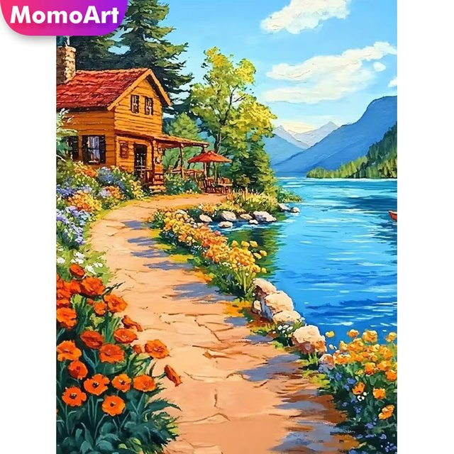Momoart Diamantmalerei DIY Bild Landschaft Dorf mit Fluss und Haus, Multicolour, B/H: 30 x 30 cm - Bild 1