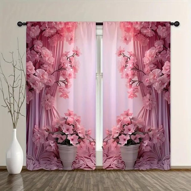 Yiran Furniture Vorhänge mit Blumenmuster in Mehrfarbig und Pink, halbtransparent, 2er-Set, Breite: 65 cm, Höhe: 60 cm - Bild 1
