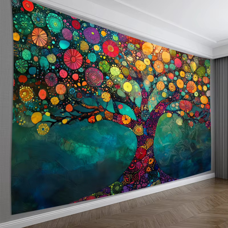 VIKAMA Wandteppich Baum des Lebens in Pop-Art Optik, bunter floraler Stoff-Wandteppich für dein Wohnzimmer - Bild 2