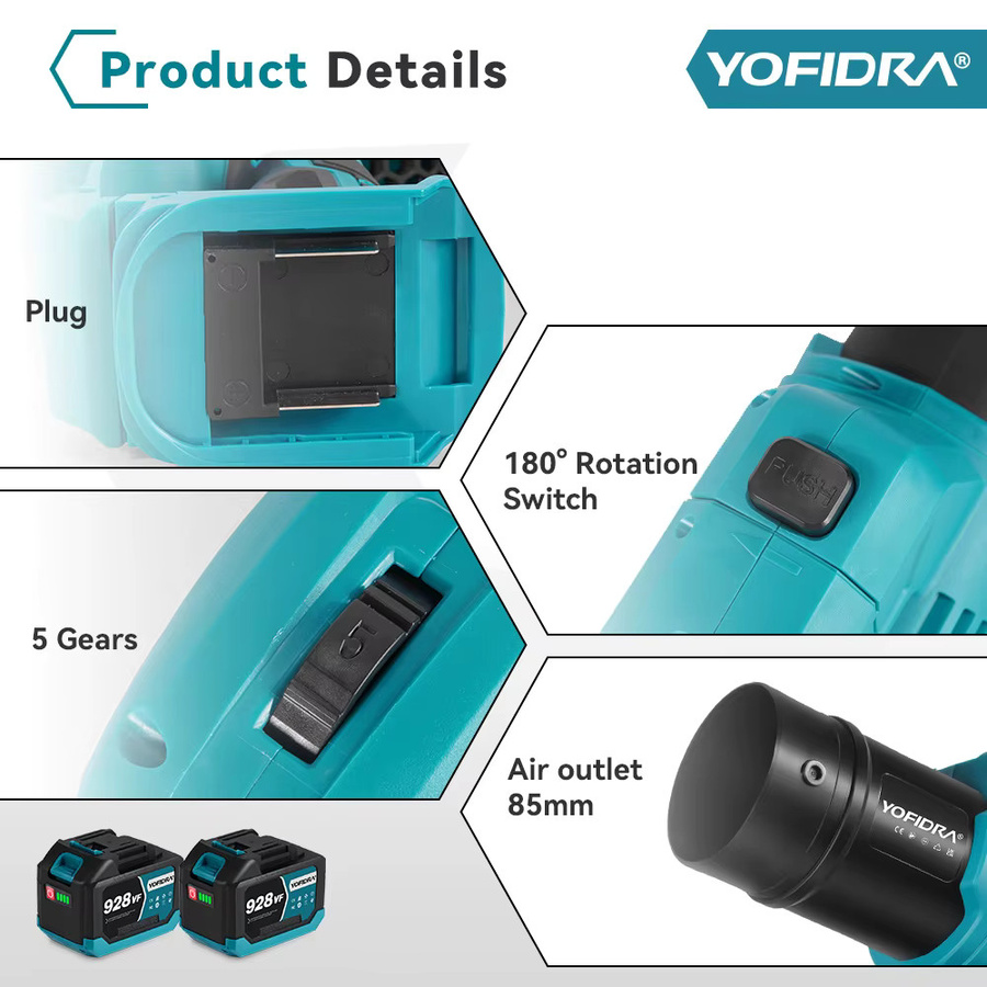 YOFIDRA 2in1 Elektrisches Turboventilator Luftgebläse mit 1500W bürstenlosem Motor in Blau für Makita LXT 18V Akku - Bild 3
