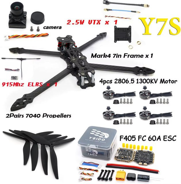 YSIDO MARK4 7-Zoll-Rahmensatz, F405 FC 60A ESC Stack, 2806.5 Bürstenloser Motor, 7040 Propeller, 2,5 W VTX-Kamera, ELRS, black - Bild 1