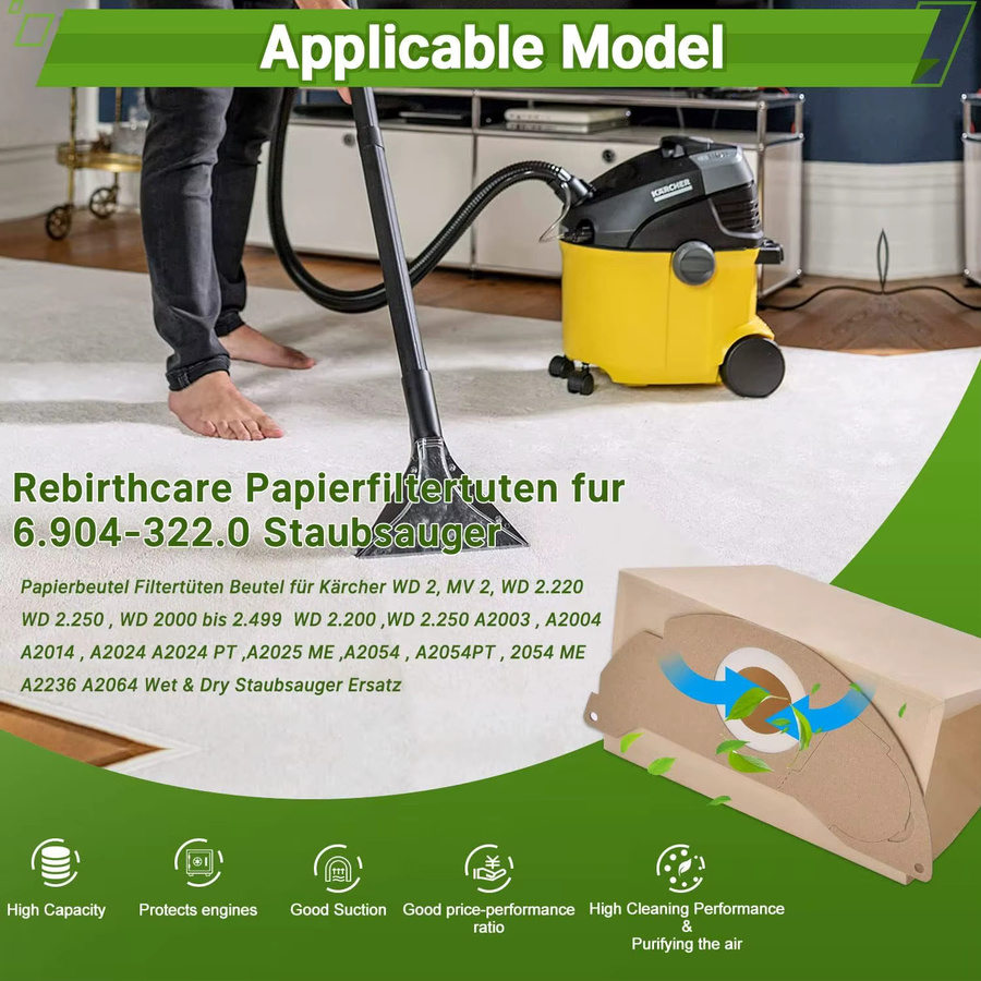5/10 Stück Kärcher Papierstaubsaugerbeutel für WD2, MV2, WD 2.200, WD2250, A2004, A2054, A2099, 6.904-322.0 in Beige - Bild 2