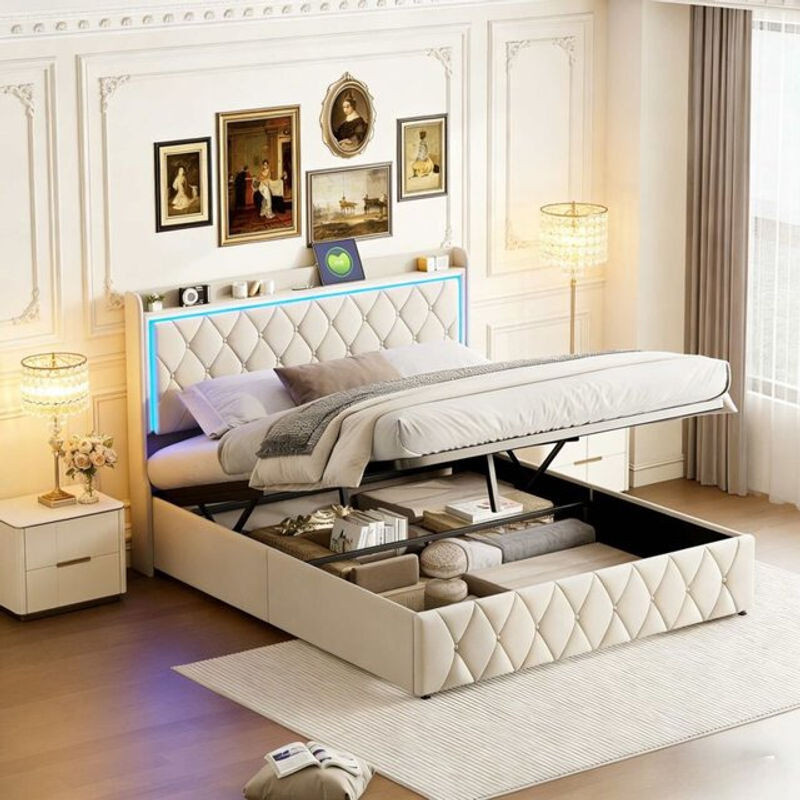 Modernes Polsterbett OCEVIA in Beige mit großem Stauraum, gepolstertem Kopfteil und USB-/Type-C-Anschluss, B/T/H: 160 x 200 x 165 cm - Bild 1