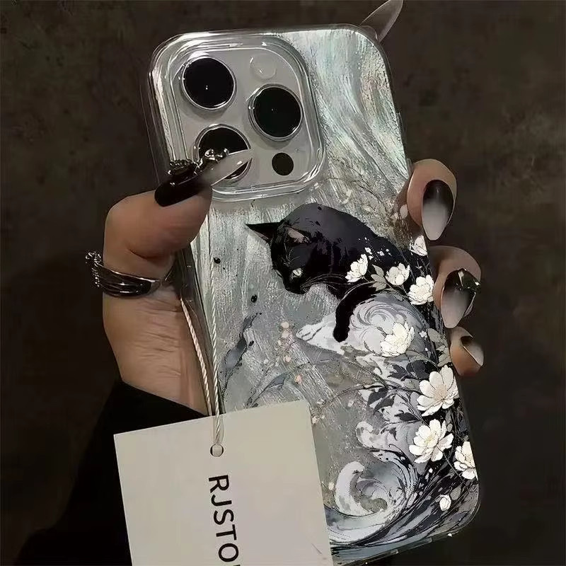 Schwarze iPhone Hülle mit Birnenblüten und silberner Feder-Seidenstruktur für Apple iPhone 17 bis 7 Modelle - Bild 2