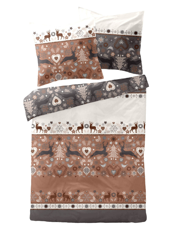 Dormisette Edel Biber Bettwäsche mit Hirsch, Herz und Bäumen in Rost, Grau und Weiß, B/H: 135 x 200 cm, Kissen: 80 x 80 cm - Bild 1